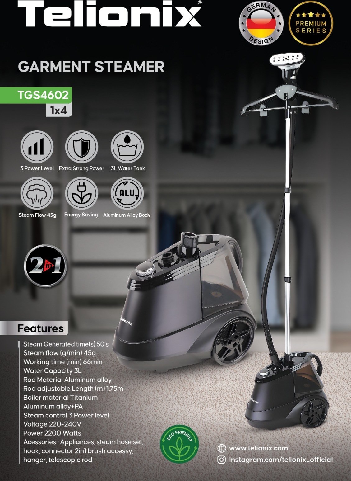 اتو بخار ایستاده تلیونیکس TGS4602 | خرید اتو بخار ایستاده Telionix از ریوکالا